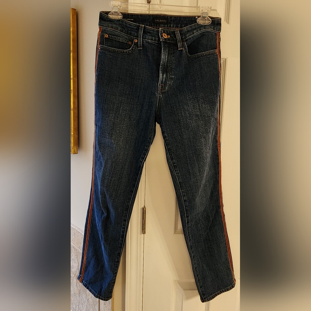 Talbots Women's Denim Jeans with Brown Velvet Tuxedo Stripe Detail